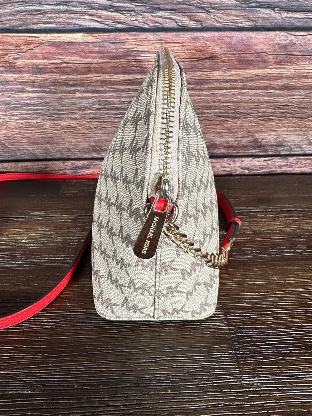 Michael Kors Cindy Beige MK Monogram Crossbody with Bright Red Strap